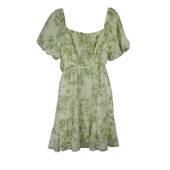 Blu Pepper Dress Square Neckline Ivory Green Floral Puff Sleeve Size L Cottage - Picture 3 of 6